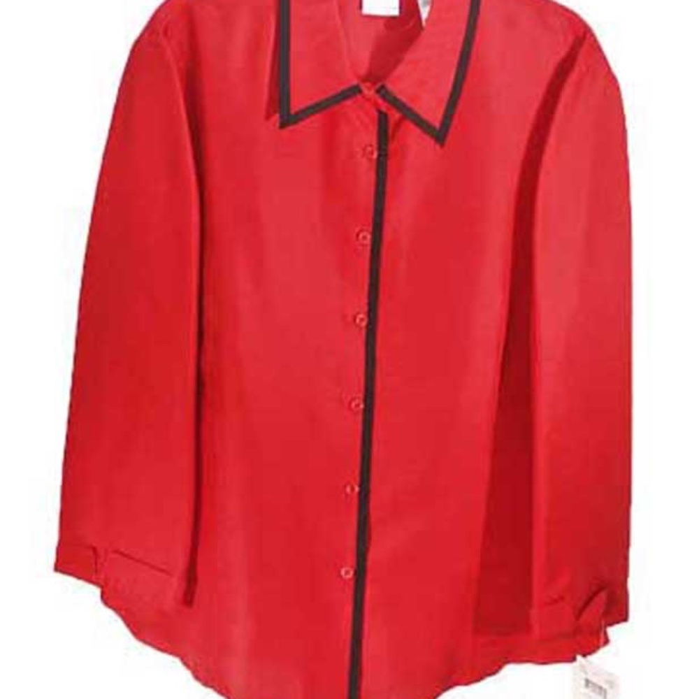 100% SILK BLOUSE, MISSES 16, RED WITH BLACK TRIM, FITTED, NO POCKETS, NEVER WORN